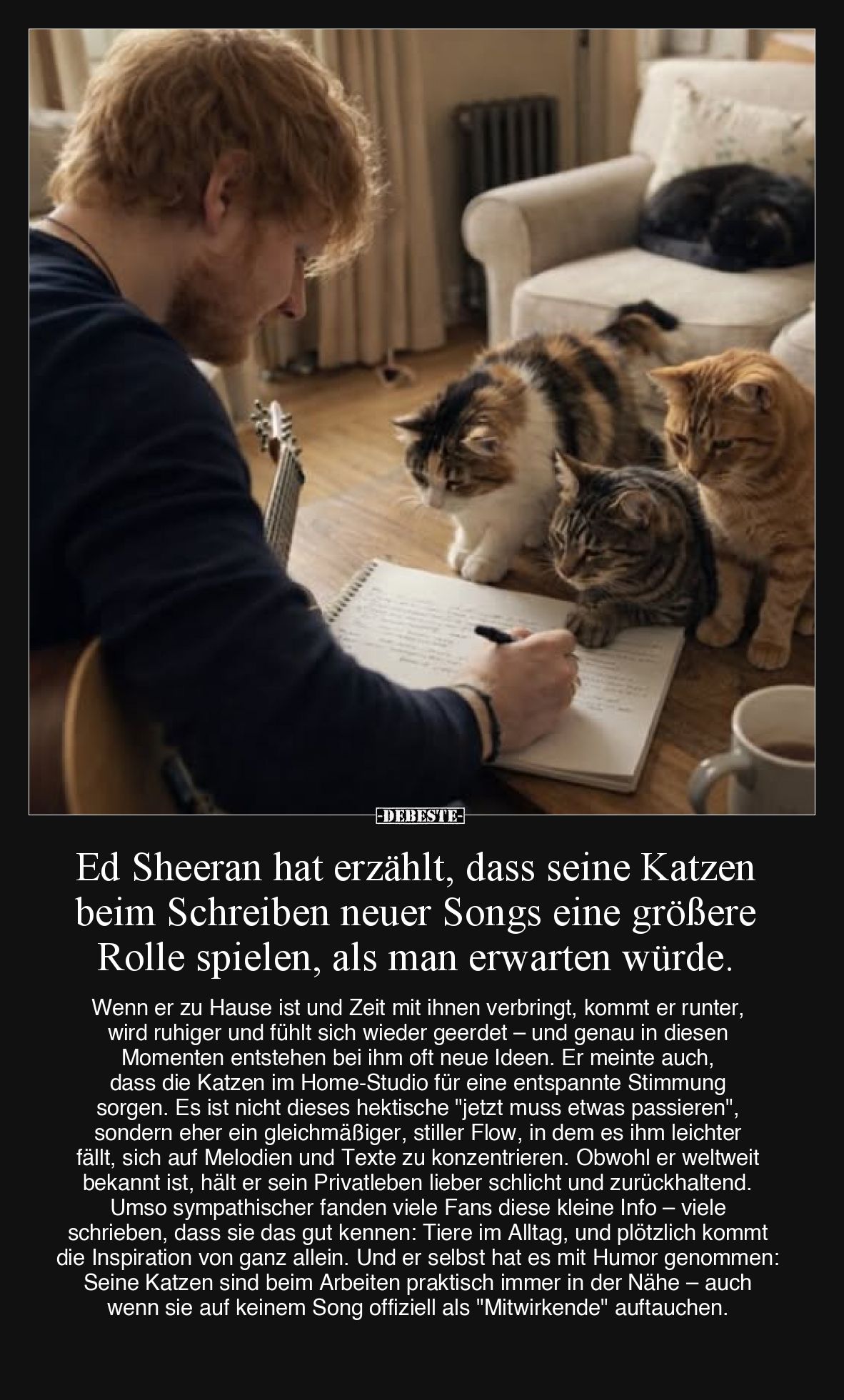 Ed Sheeran hat erzählt, dass seine Katzen beim Schreiben neuer Songs eine größere Rolle spielen, als man erwarten würde. Wenn...