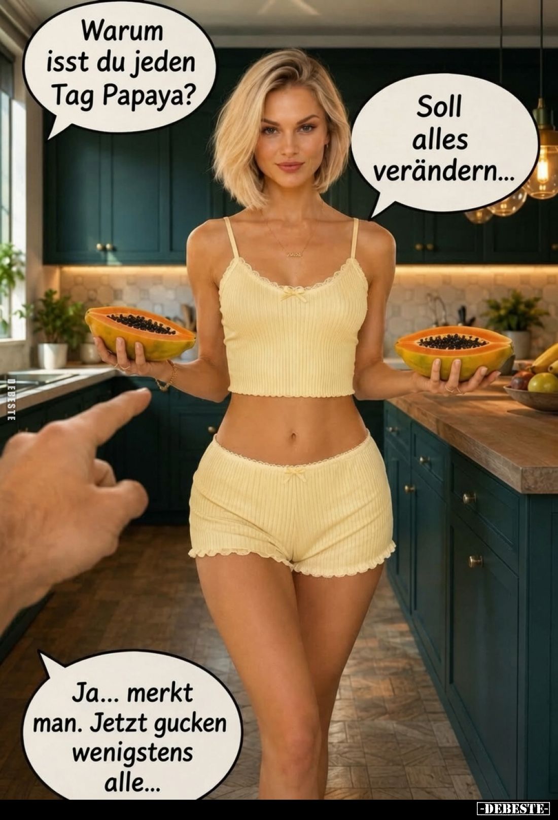 Warum isst du jeden Tag Papaya? -
Soll alles verändern... -
Ja... merkt man. Jetzt gucken wenigstens alle...