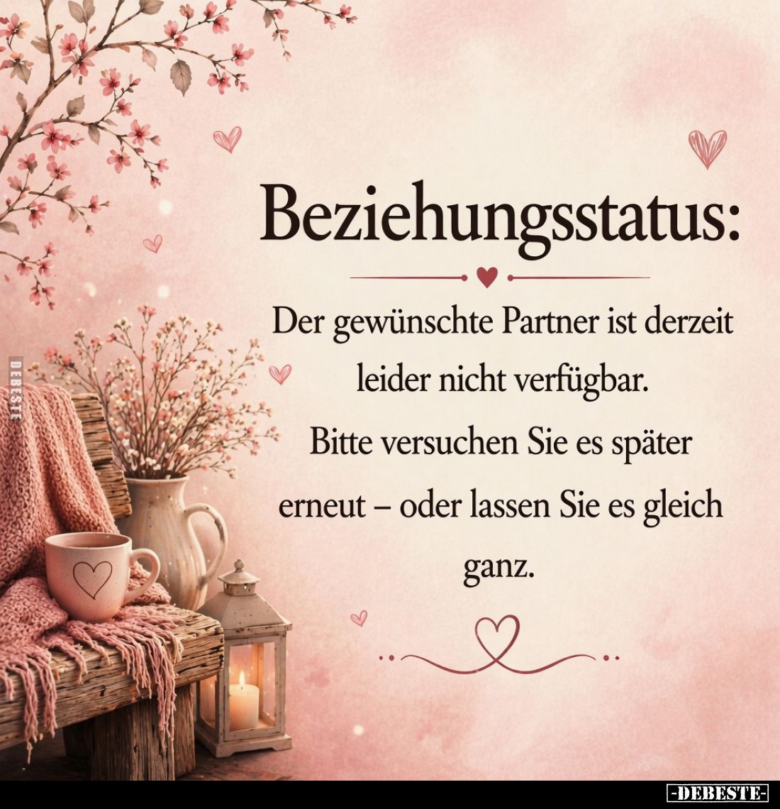 Beziehungsstatus:
Der gewünschte Partner ist derzeit leider nicht verfügbar.
Bitte versuchen Sie es später erneut – oder la...