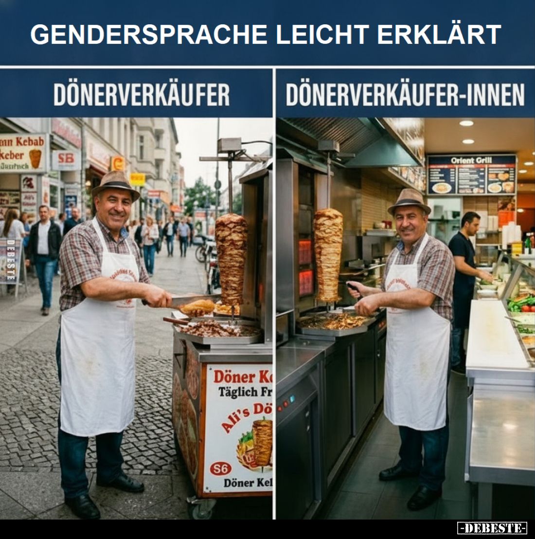 Gendersprache leicht erklärt:
Dönerverkäufer /
Dönerverkäufer-innen
