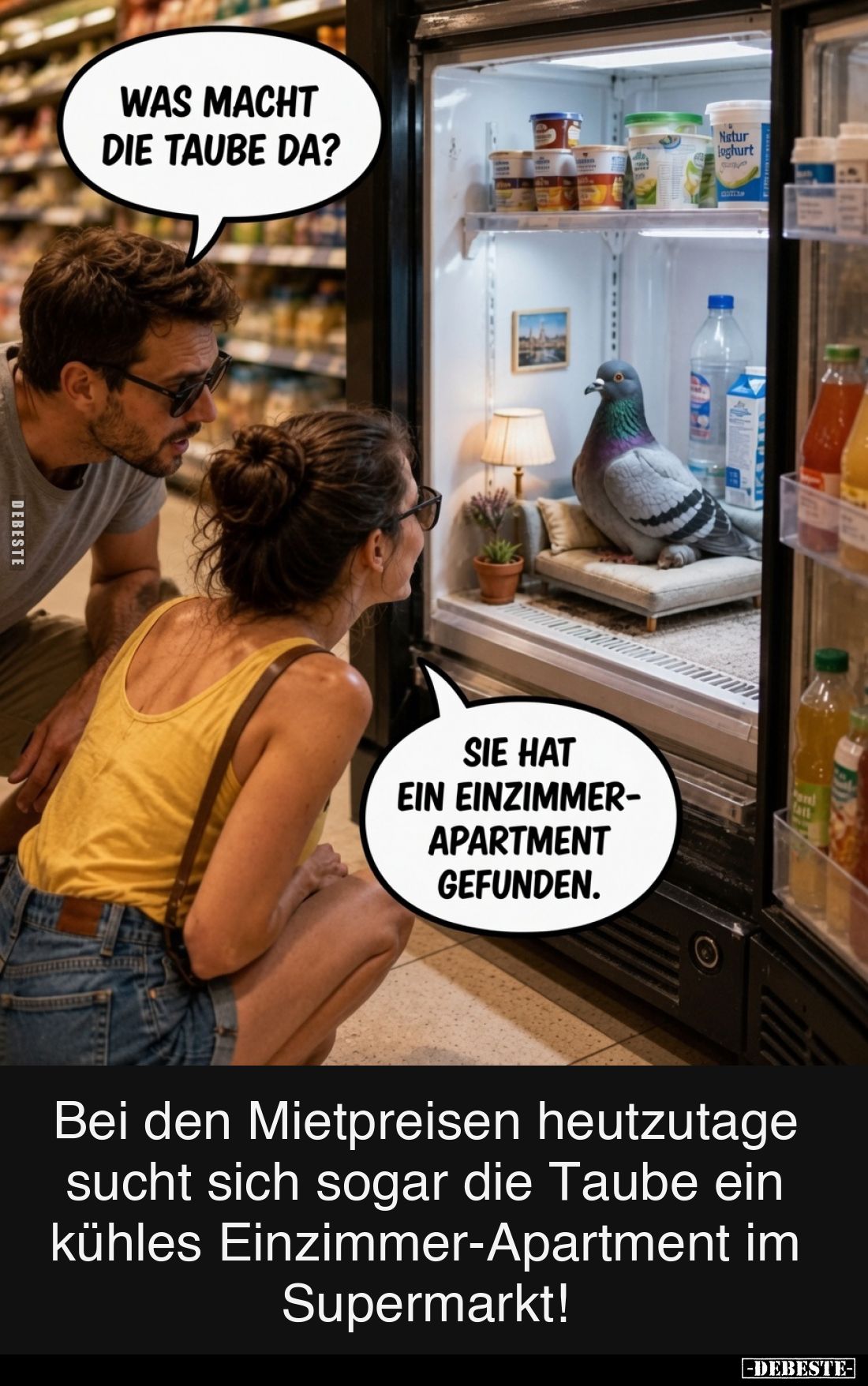 Was macht die Taube da?
-
Sie hat ein Einzimmer-Apartment gefunden.
-
Bei den Mietpreisen heutzutage sucht sich sogar die...