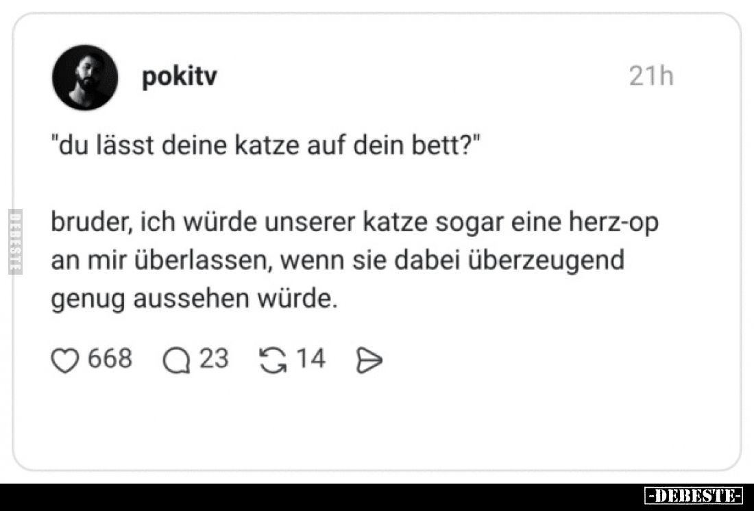 "Du lässt deine Katze auf dein Bett?"
Bruder, ich würde unserer Katze sogar eine Herz-OP an mir überlassen, wenn s...