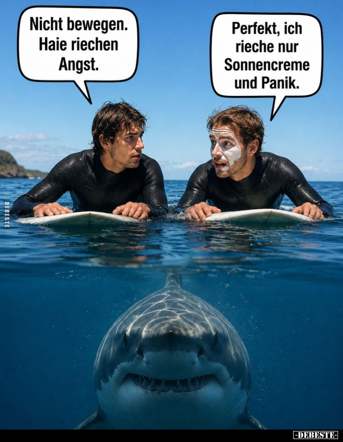 Nicht bewegen. Haie riechen Angst. -
Perfekt, ich rieche nur Sonnencreme und Panik.