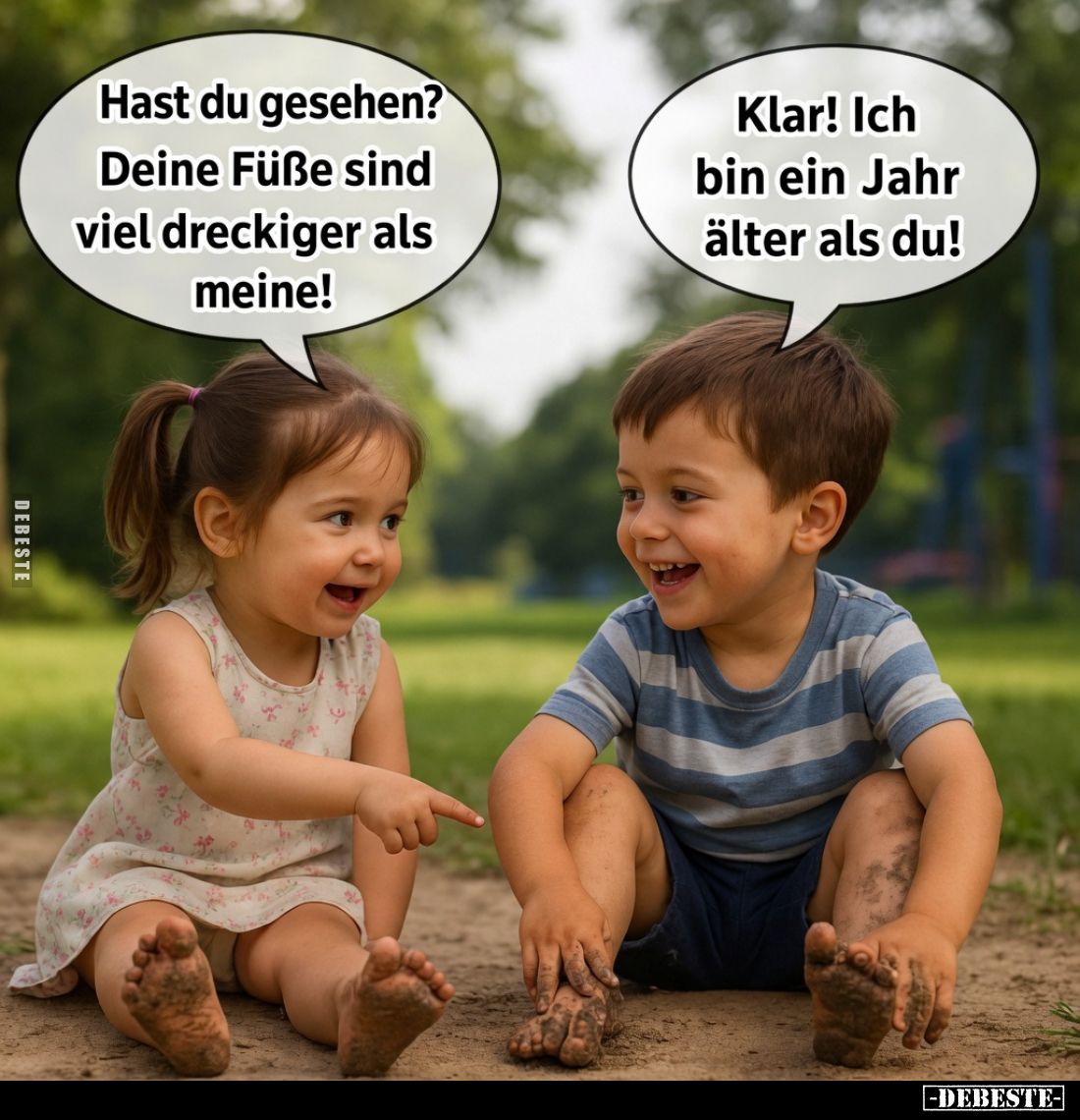 Hast du gesehen? Deine Füße sind viel dreckiger als meine!
Klar! Ich bin ein Jahr älter als du!