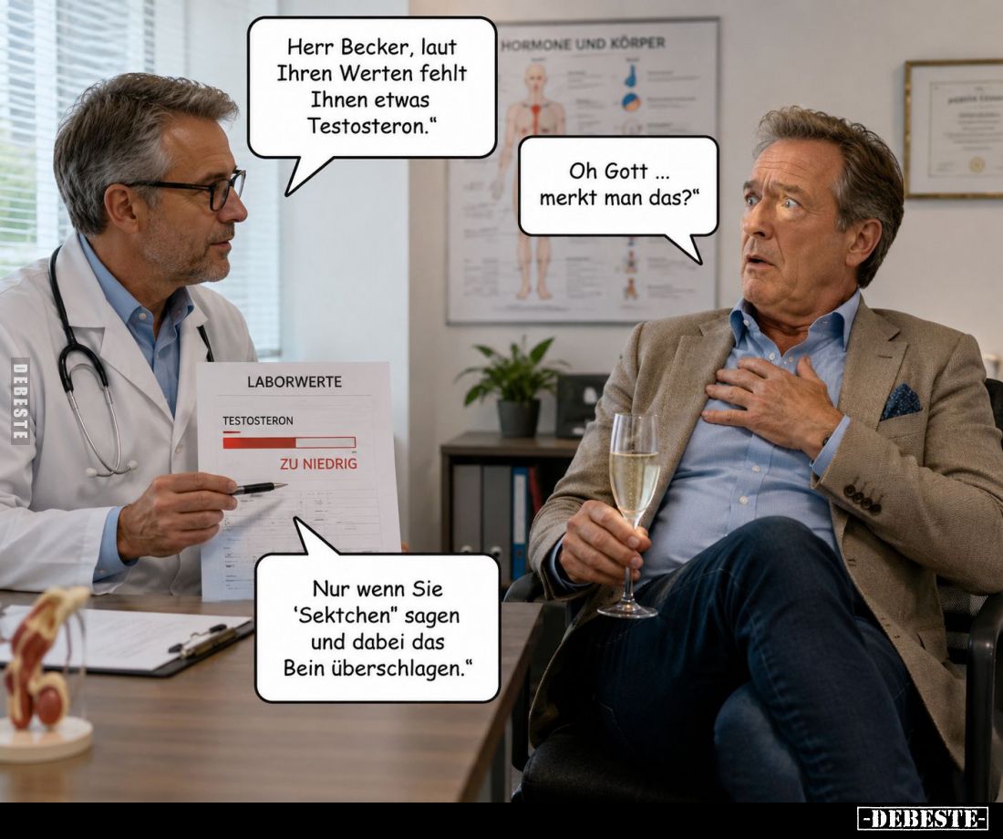 Herr Becker, laut Ihren Werten fehlt Ihnen etwas Testosteron.
-
Oh Gott ... merkt man das? -
Nur wenn Sie "Sektchen&q...