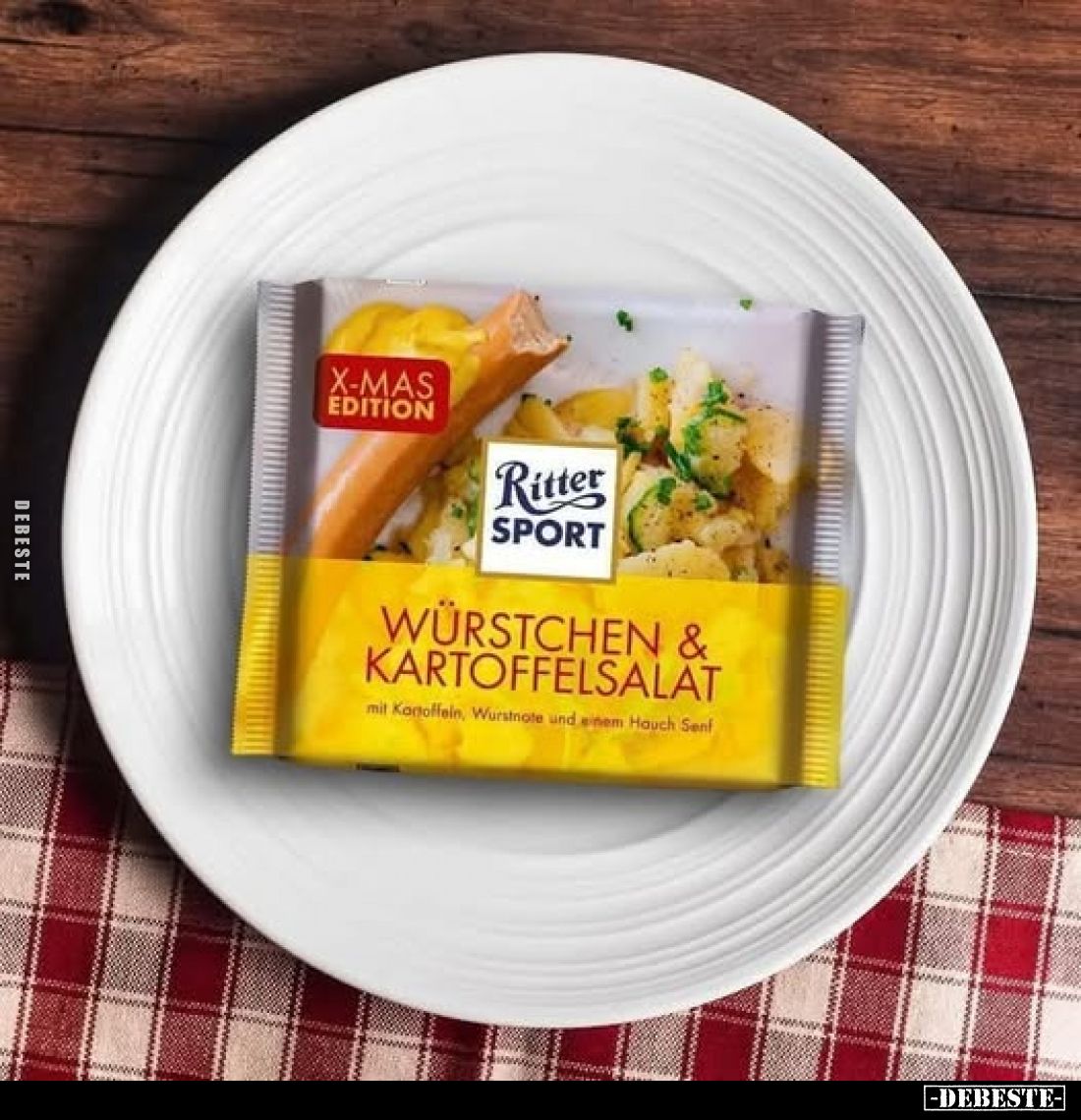 Ritter SPORT
WÜRSTCHEN & KARTOFFELSALAT
mit Kartoffeln Wurstnote und einem Hauch Senf, X-MAS EDITION