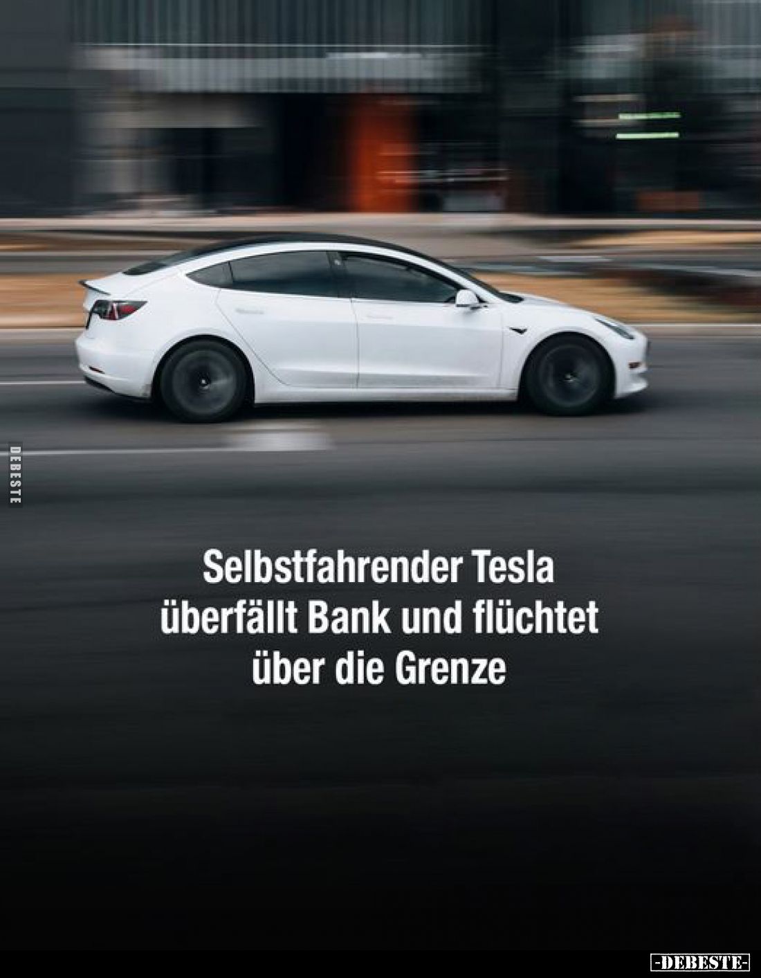 Selbstfahrender Tesla überfällt Bank und flüchtet über die Grenze.