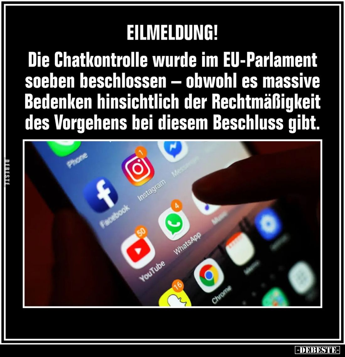 EILMELDUNG!
Die Chatkontrolle wurde im EU-Parlament soeben beschlossen – obwohl es massive Bedenken hinsichtlich der Rechtmä...