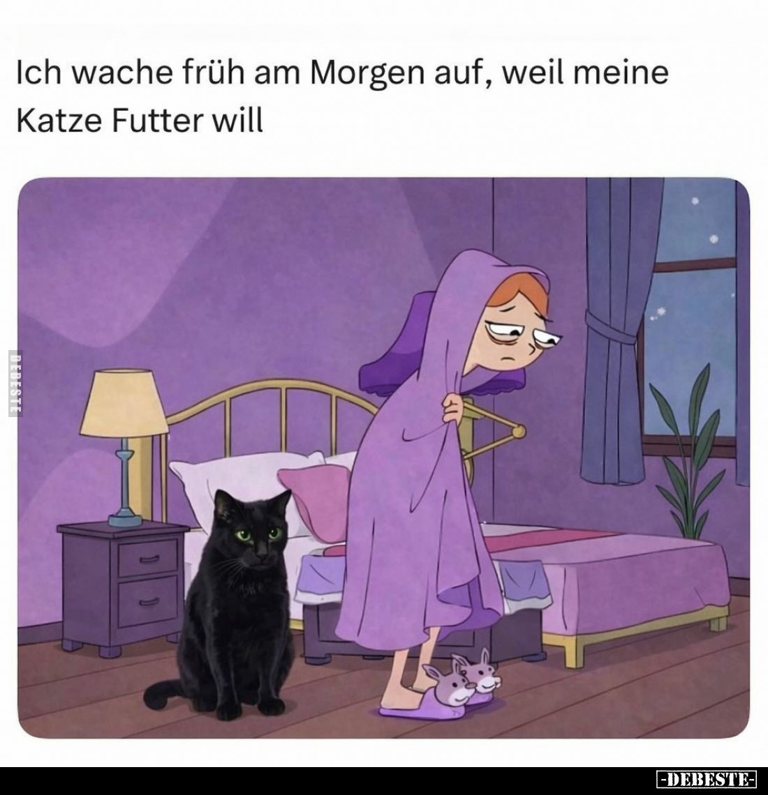 Ich wache früh am Morgen auf, weil meine Katze Futter will.