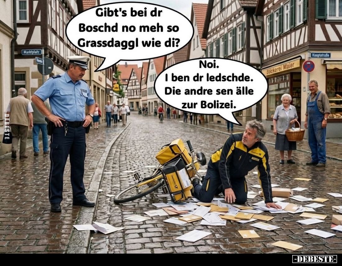 Gibt's bei dr Boschd no meh so Grassdaggl wie di? -
Noi. I ben dr ledschde. Die andre sen älle zur Bolizei.