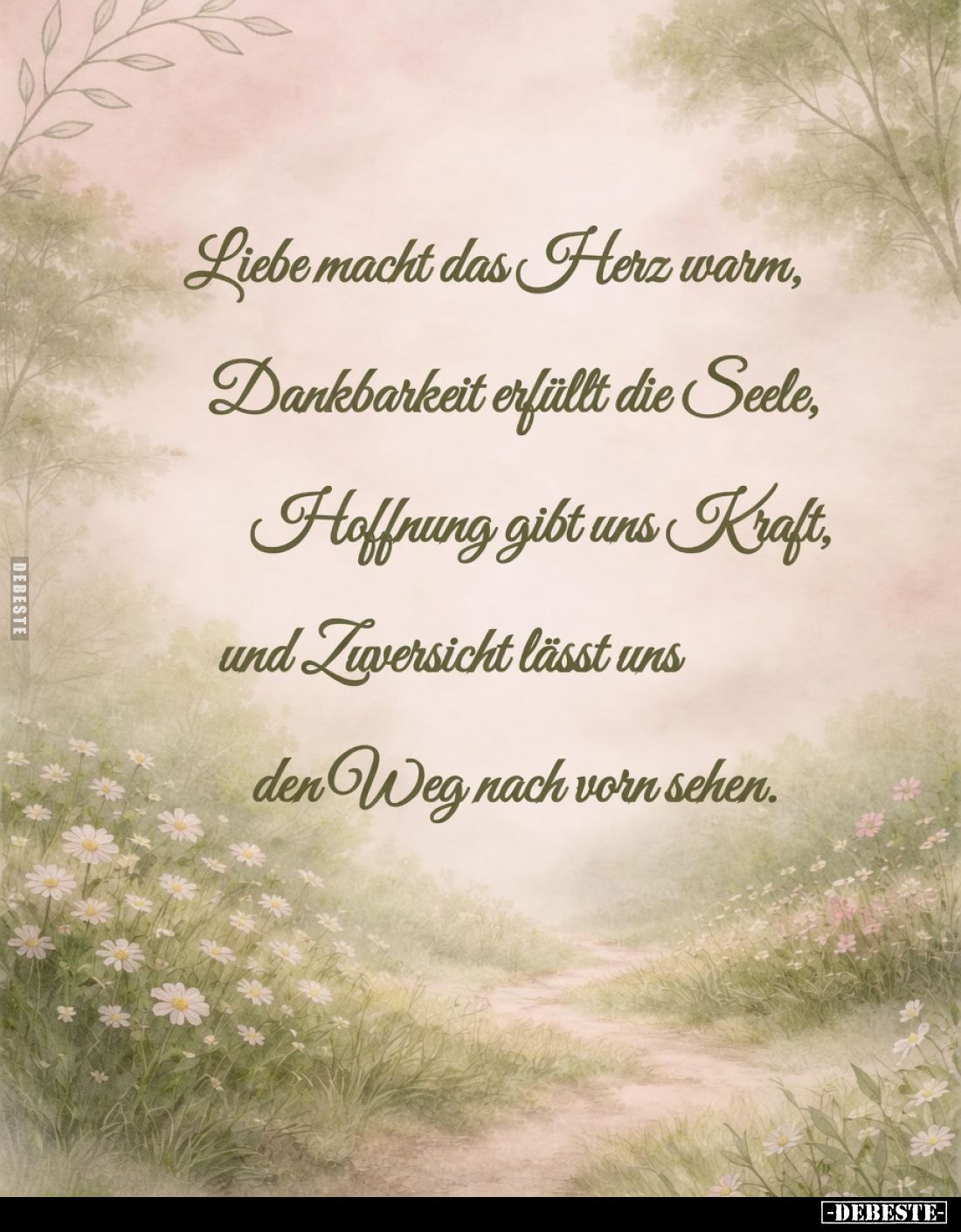 Liebe macht das Herz warm,
Dankbarkeit erfüllt die Seele,
Hoffnung gibt uns Kraft,
und Zuversicht lässt uns den Weg nach v...