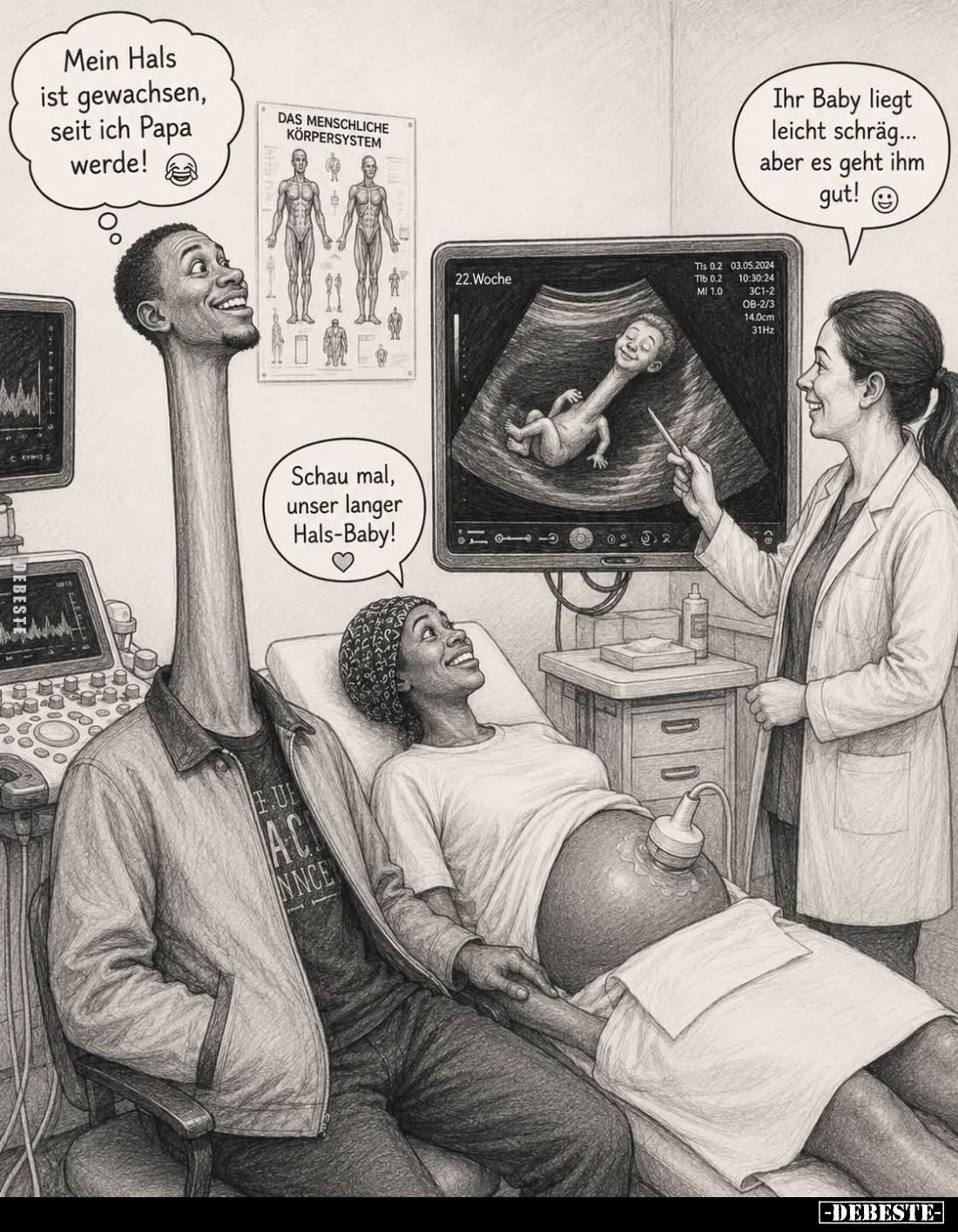 Mein Hals ist gewachsen, seit ich Papa werde! - Ihr Baby liegt leicht schräg... aber es geht ihm gut - Schau mal, unser lange...