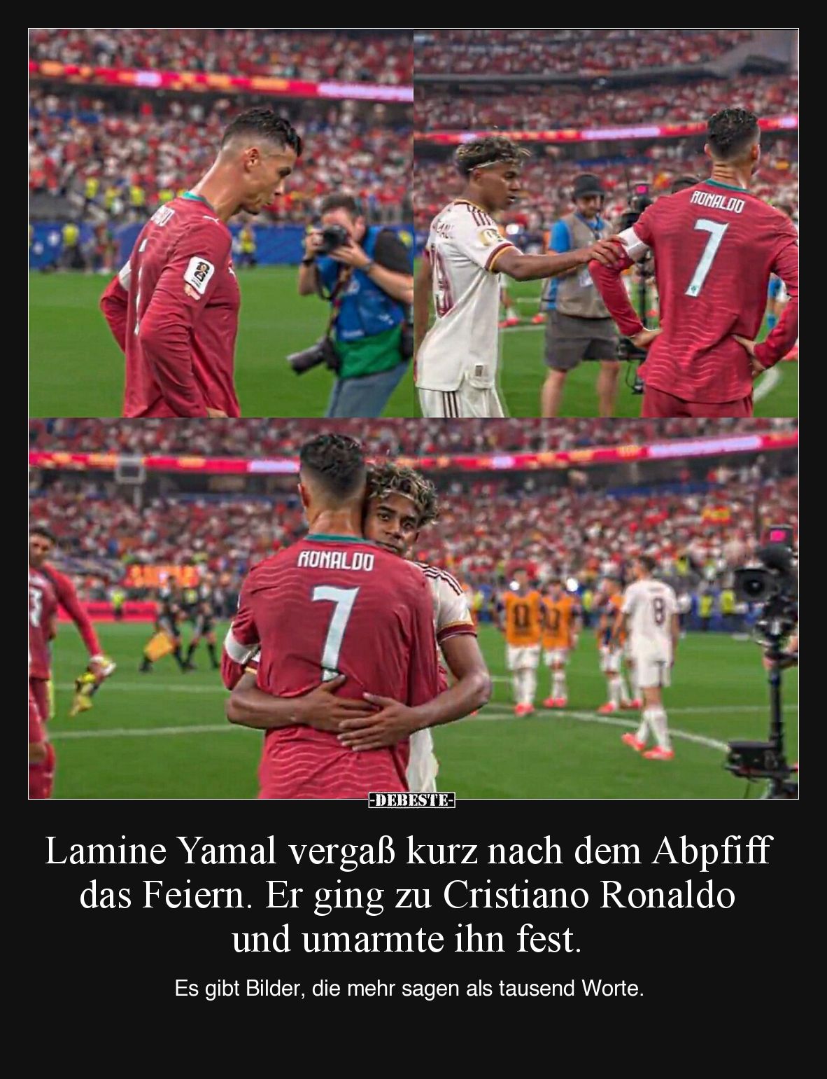 Lamine Yamal vergaß kurz nach dem Abpfiff das Feiern. Er ging zu Cristiano Ronaldo und umarmte ihn fest.

Es gibt Bilder, d...