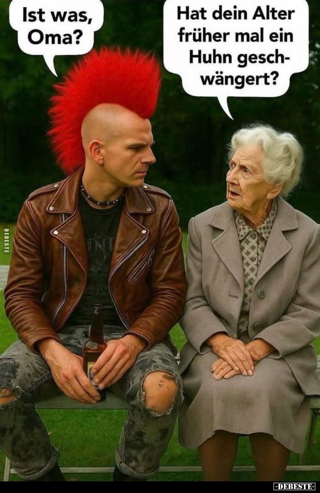 Ist was, Oma?
-
Hat dein Alter früher mal ein Huhn geschwängert?