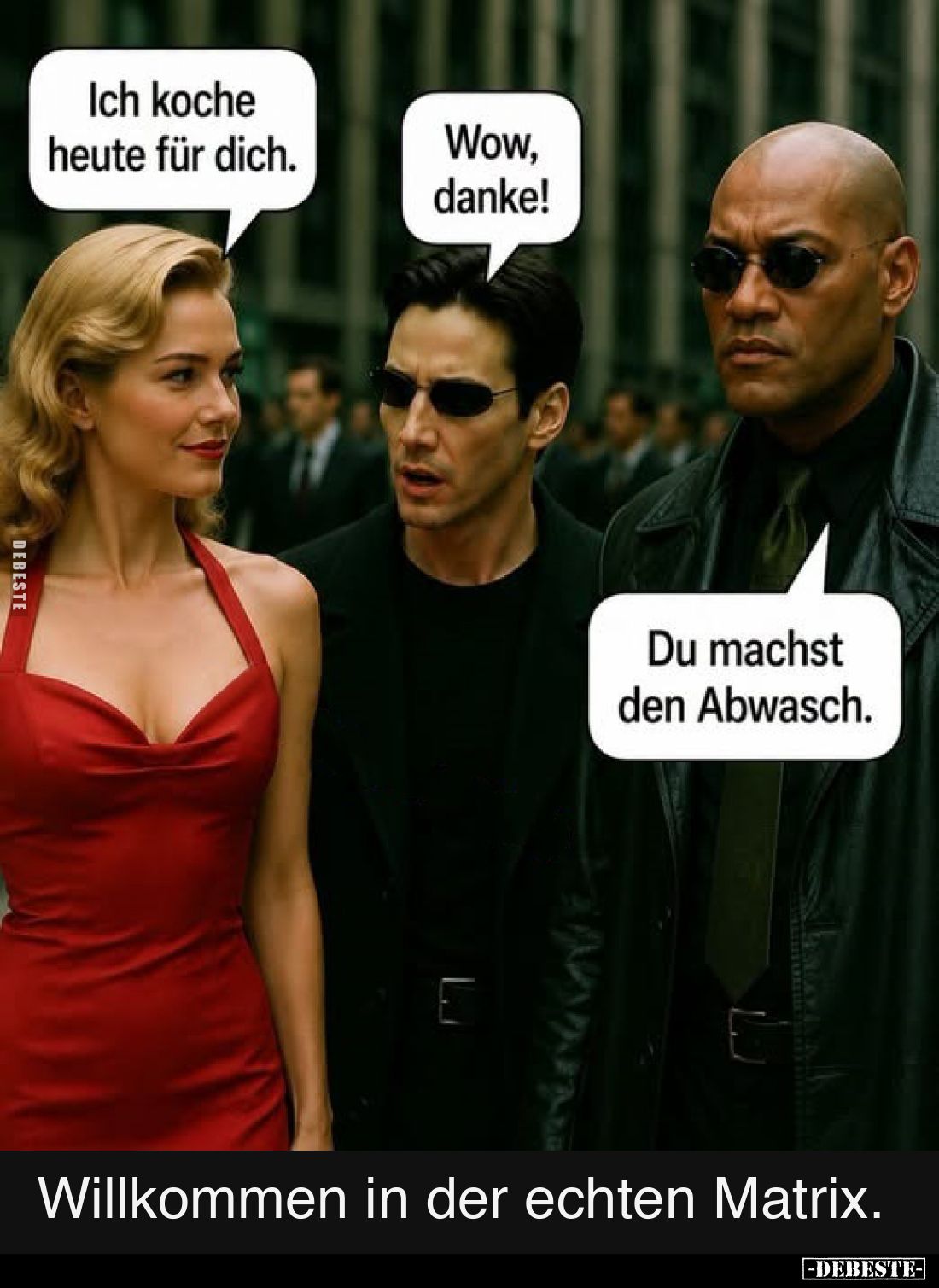 Ich koche heute für dich.
-
Wow, danke!
-
Du machst den Abwasch.
-
Willkommen in der echten Matrix.
