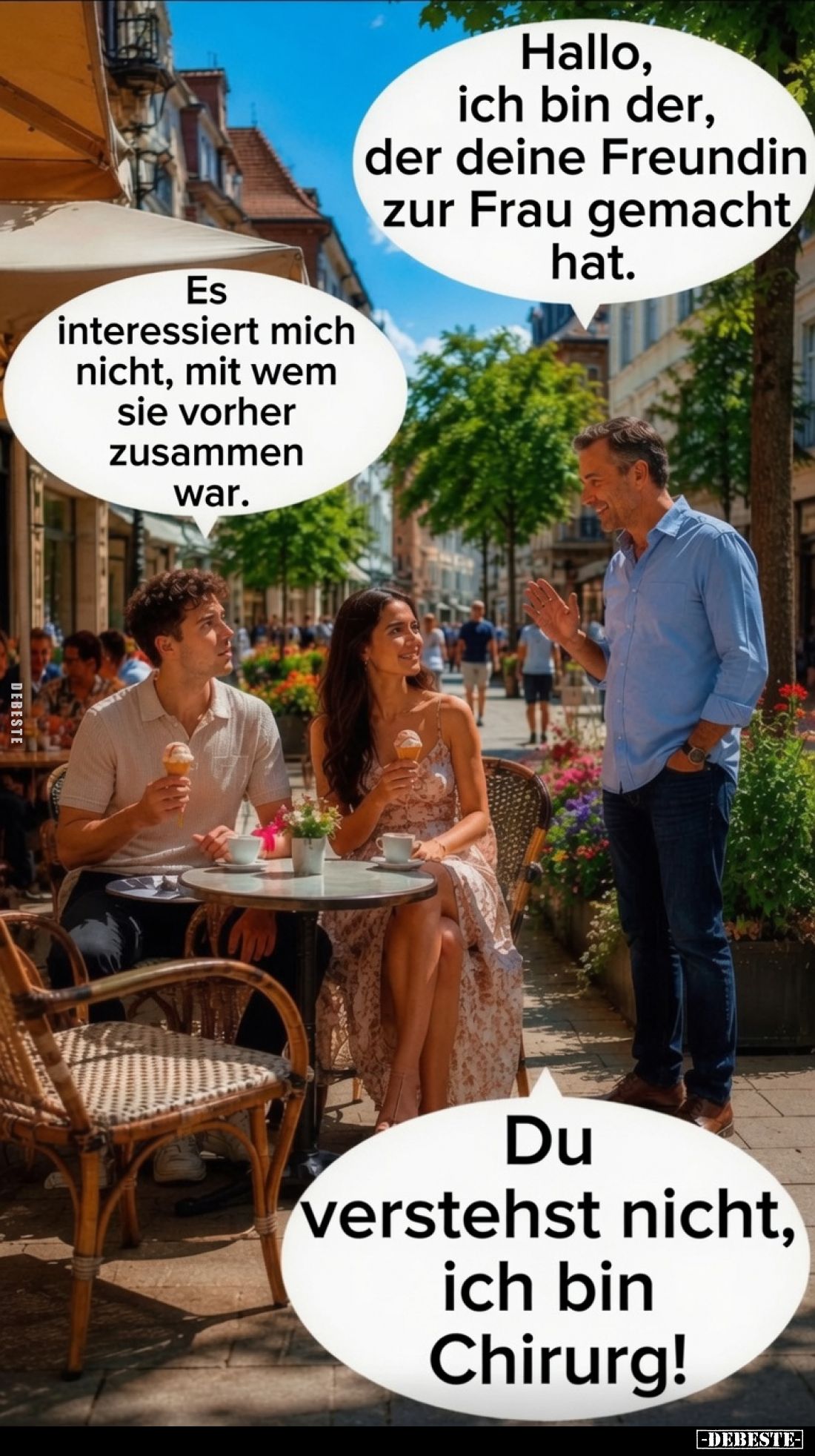 Hallo, ich bin der, der deine Freundin zur Frau gemacht hat. -
Es interessiert mich nicht, mit wem sie vorher zusammen war....