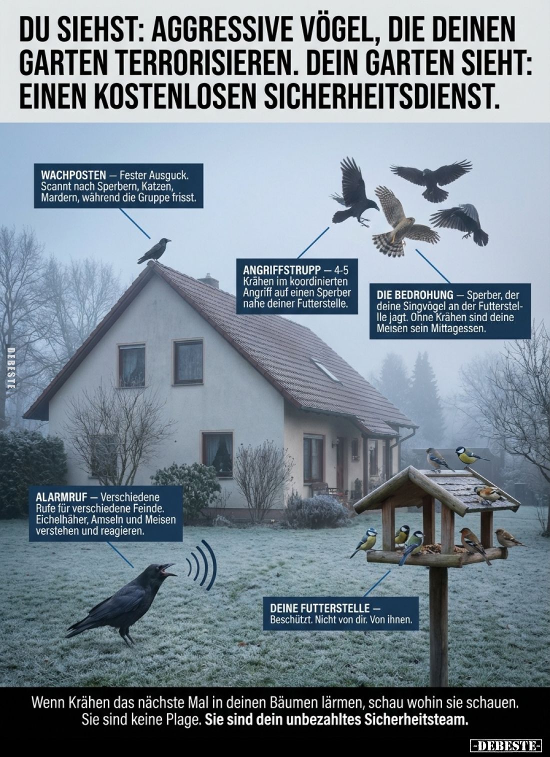 Du siehst: aggressive Vögel, die deinen Garten terrorisieren. Dein Garten sieht: einen kostenlosen Sicherheitsdienst.