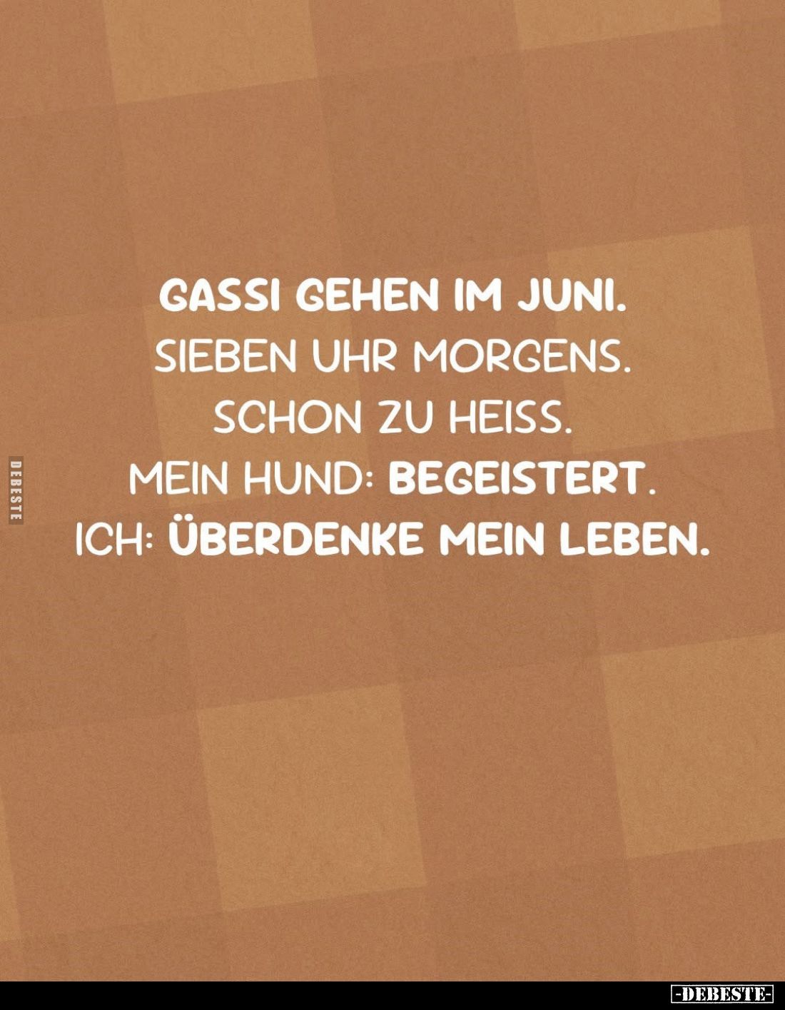 Gassi gehen im Juni.
Sieben Uhr morgens.
Schon zu heiß.
Mein Hund: begeistert.
Ich: überdenke mein leben.