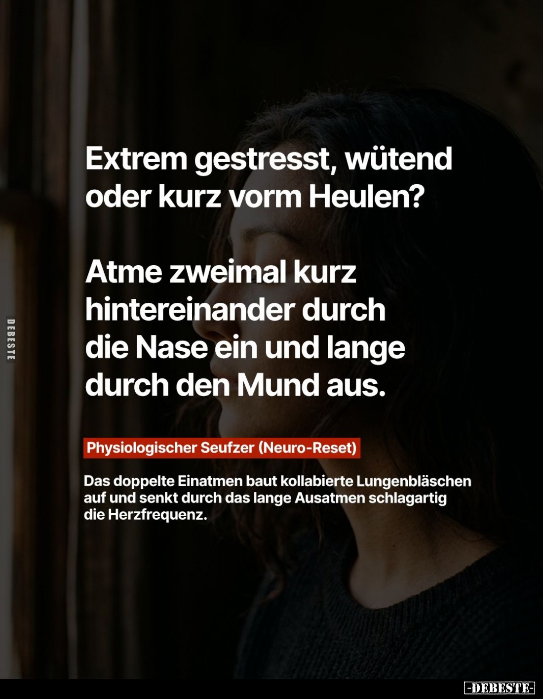 Extrem gestresst, wütend oder kurz vorm Heulen?
Atme zweimal kurz hintereinander durch die Nase ein und lange durch den Mund...