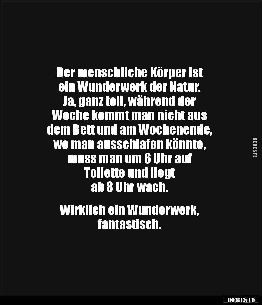 Der menschliche Körper ist 
ein Wunderwerk der Natur. 
Ja, ganz toll, während der 
Woche kommt man nicht aus 
dem Bett un...