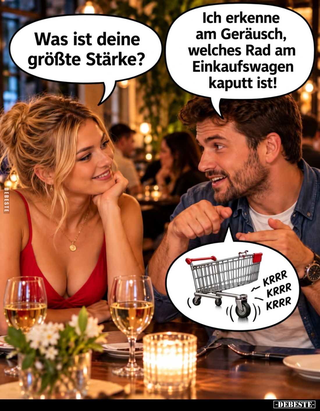Was ist deine größte Stärke?

Ich erkenne am Geräusch, welches Rad am Einkaufswagen kaputt ist!