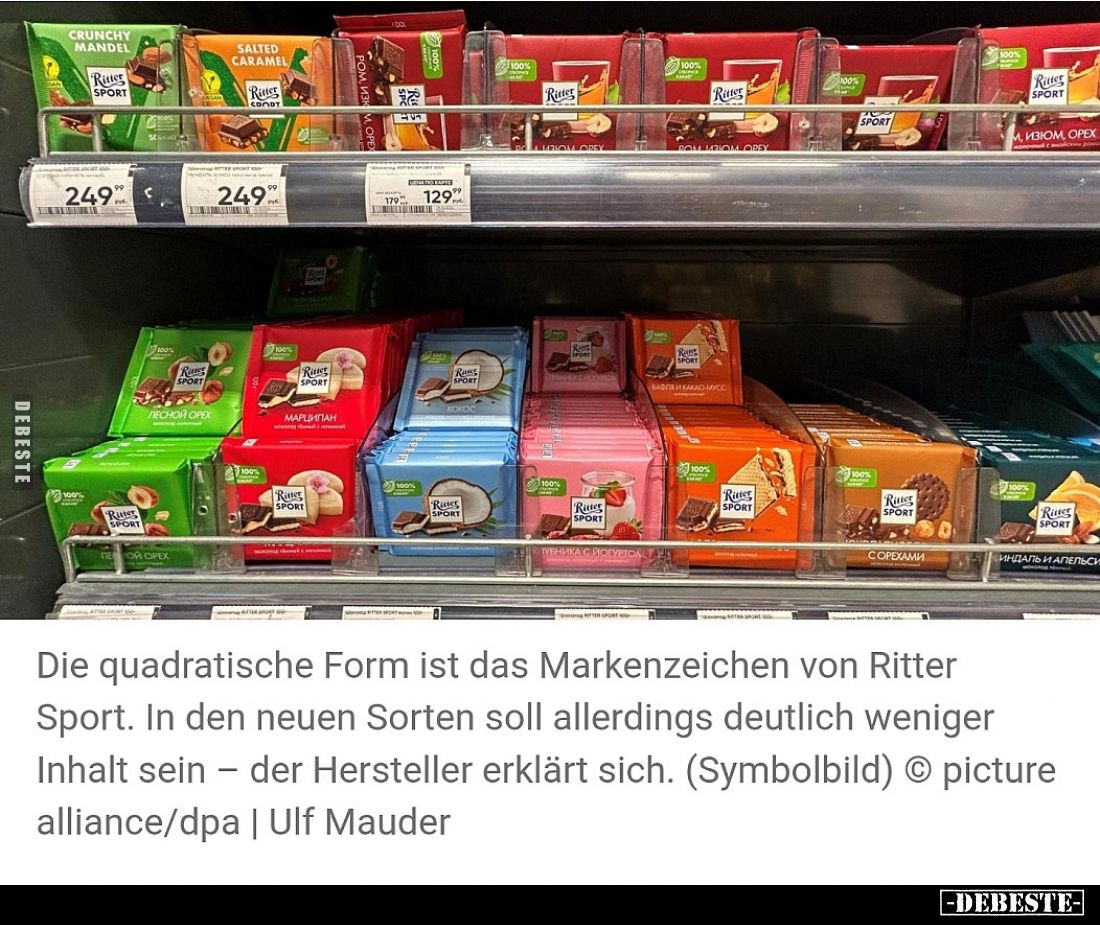Die quadratische Form ist das Markenzeichen von Ritter Sport. In den neuen Sorten soll allerdings deutlich weniger Inhalt sei...