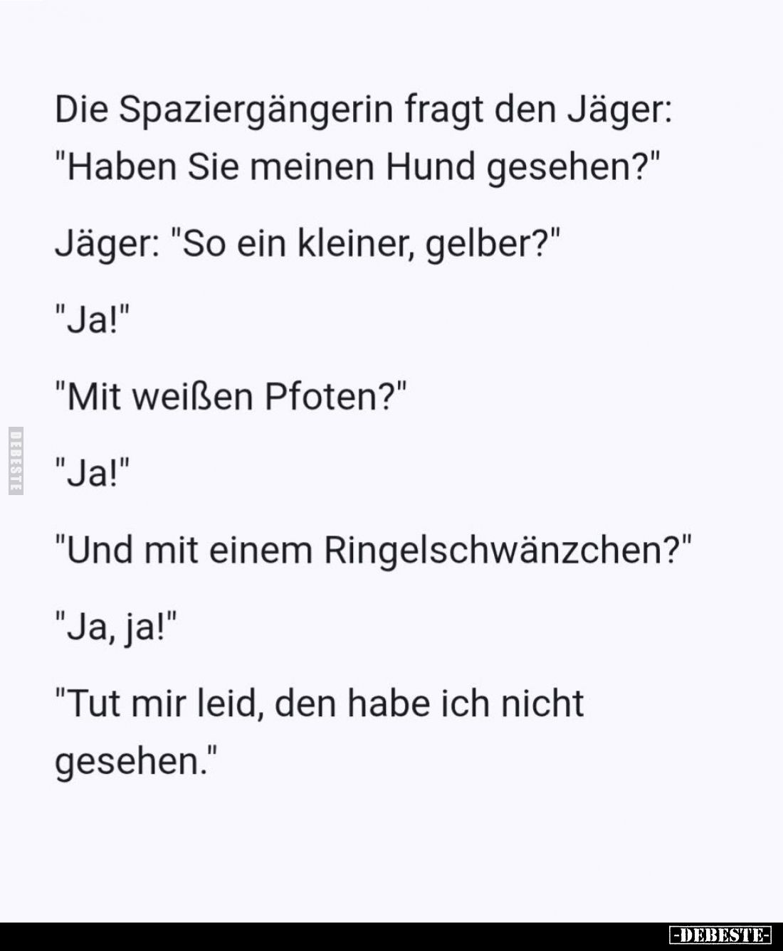 Die Spaziergängerin fragt den Jäger: "Haben Sie meinen Hund gesehen?" -
Jäger: "So ein kleiner, gelber?"...