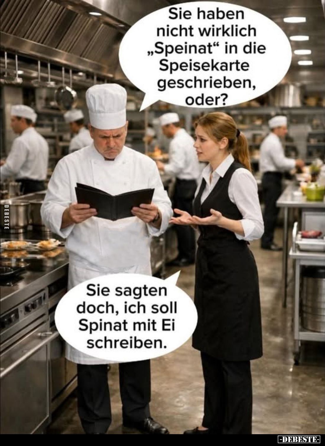 Sie haben nicht wirklich "Speinat" in die Speisekarte geschrieben, oder?
-
Sie sagten doch, ich soll Spinat mit E...