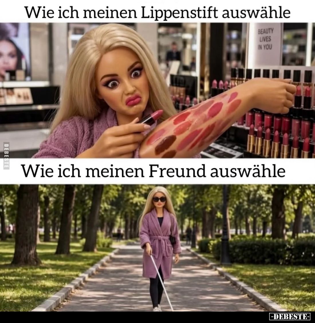 Wie ich meinen Lippenstift auswähle.
-
Wie ich meinen Freund auswähle.