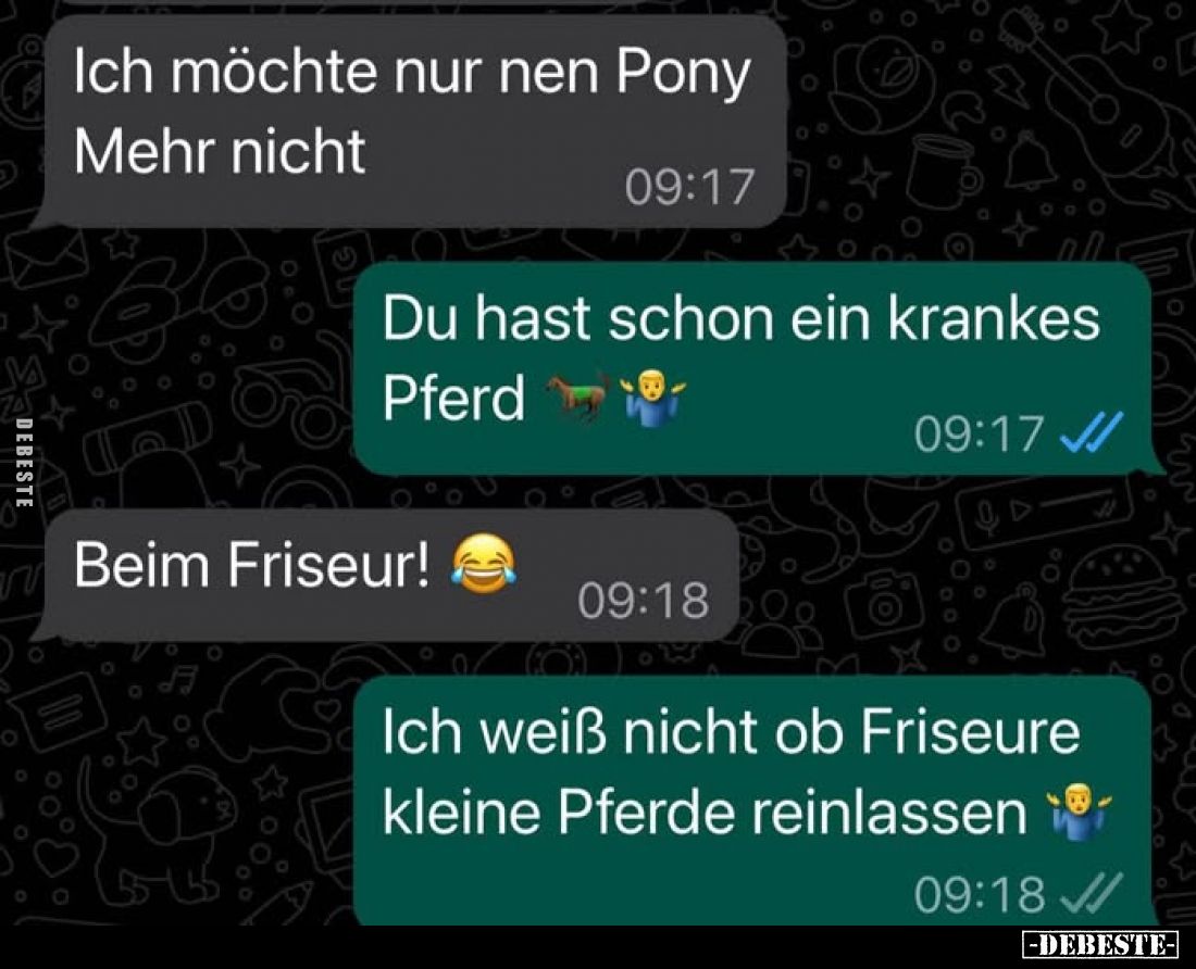 Ich möchte nur nen Pony
Mehr nicht.

Du hast schon ein krankes Pferd
Beim Friseur!

Ich weiß nicht ob Friseure kleine P...