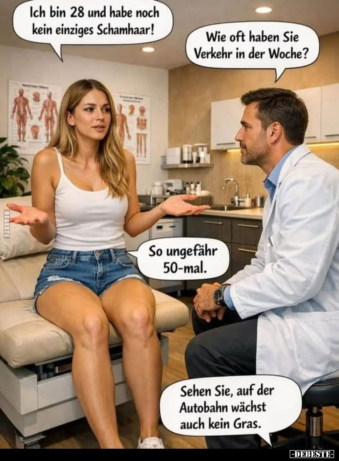 Ich bin 28 und habe noch kein einziges Schamhaar!
Wie oft haben Sie Verkehr in der Woche?

So ungefähr 50-mal.
Sehen Sie,...