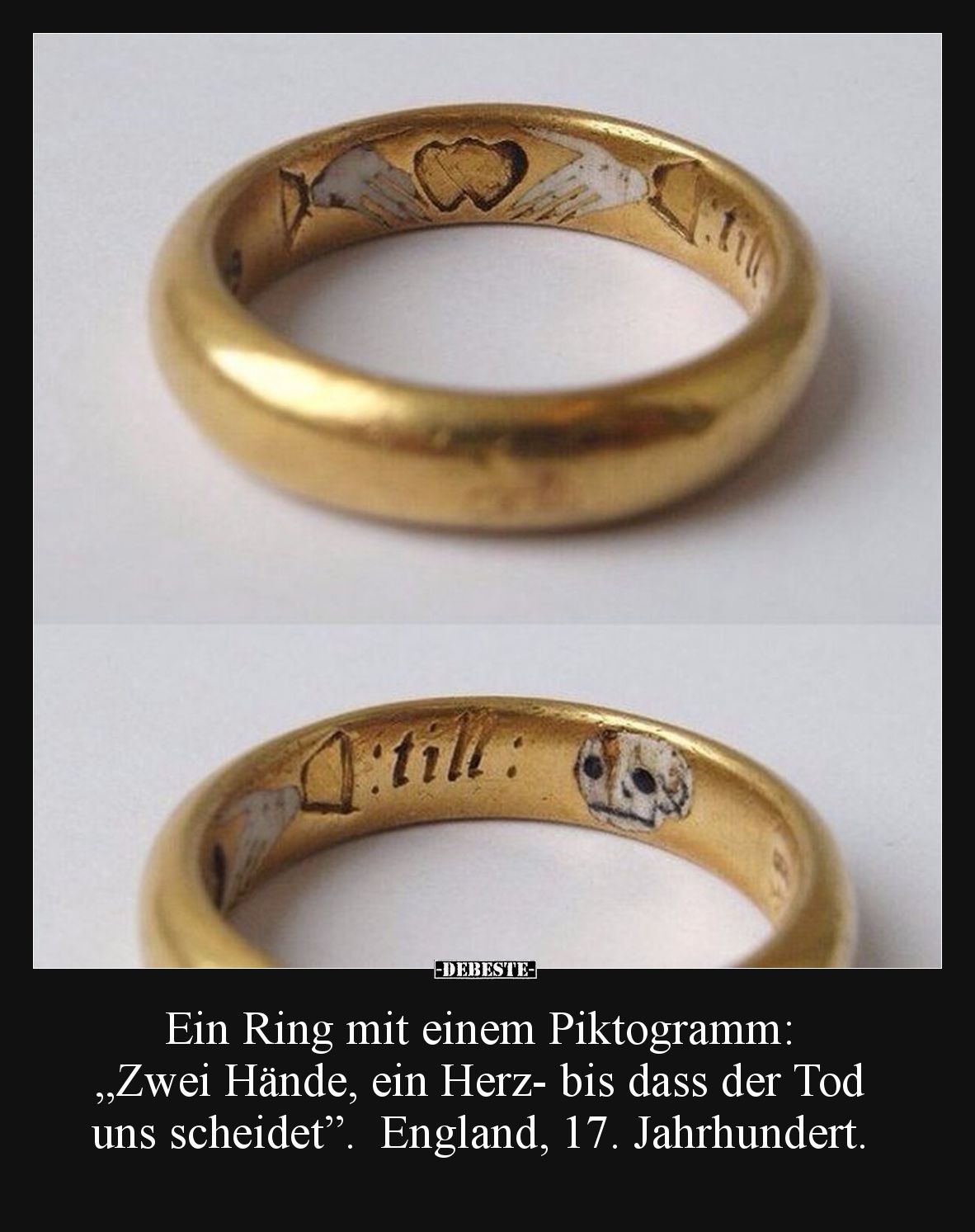 Ein Ring mit einem Piktogramm: „zwei Hände, ein Herz- bis dass der Tod uns scheidet”. England, 17. Jahrhundert.