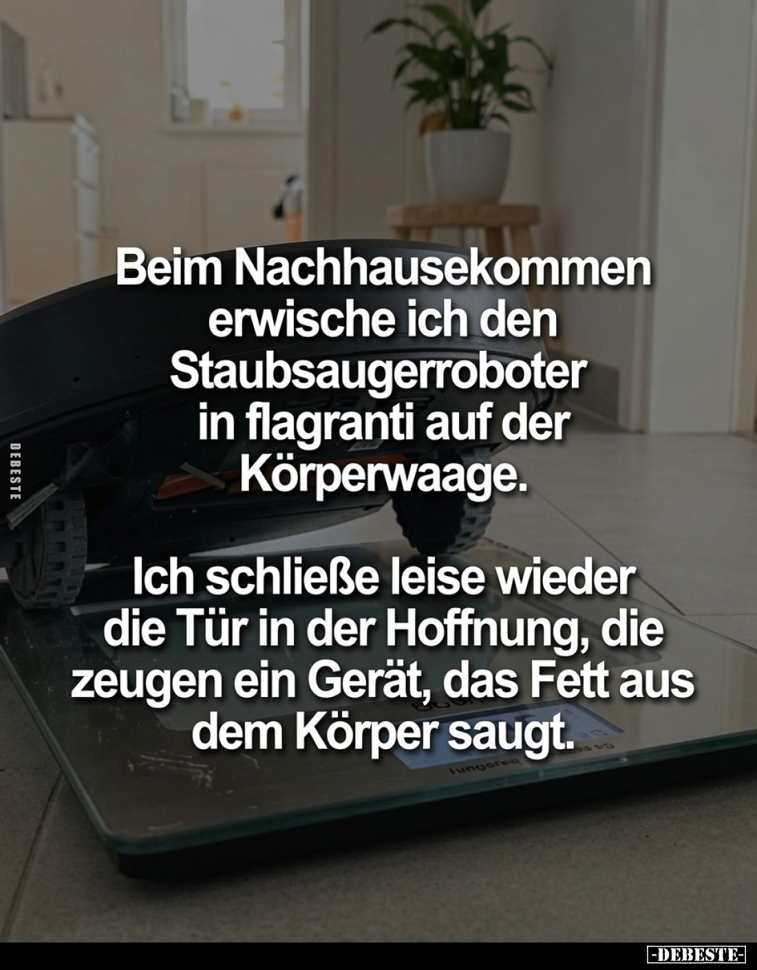 Beim Nachhausekommen erwische ich den Staubsaugerroboter in flagranti auf der Körperwaage. Ich schließe leise wieder die Tür ...