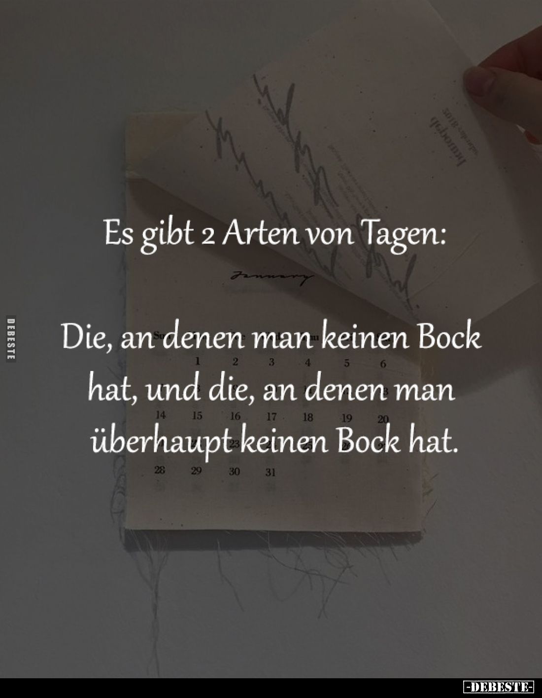 Es gibt 2 Arten von Tagen:

Die, an denen man keinen Bock 
hat, und die, an denen man 
überhaupt keinen Bock hat.
