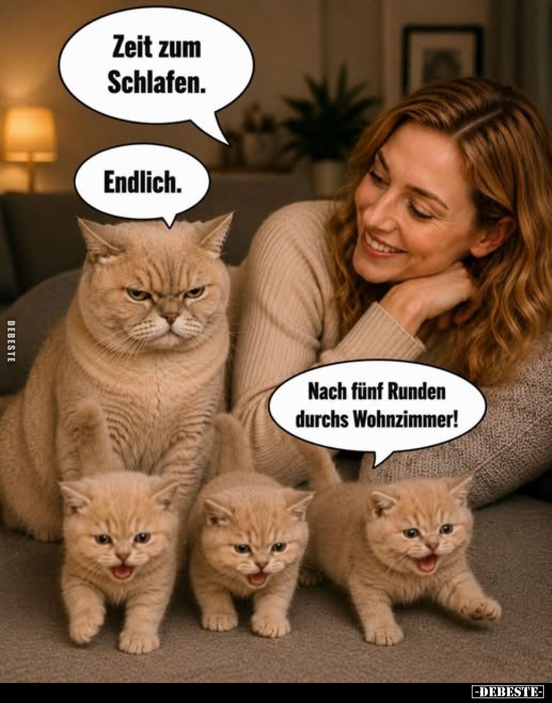 Zeit zum Schlafen.
-
Endlich.
-
Nach fünf Runden durchs Wohnzimmer!