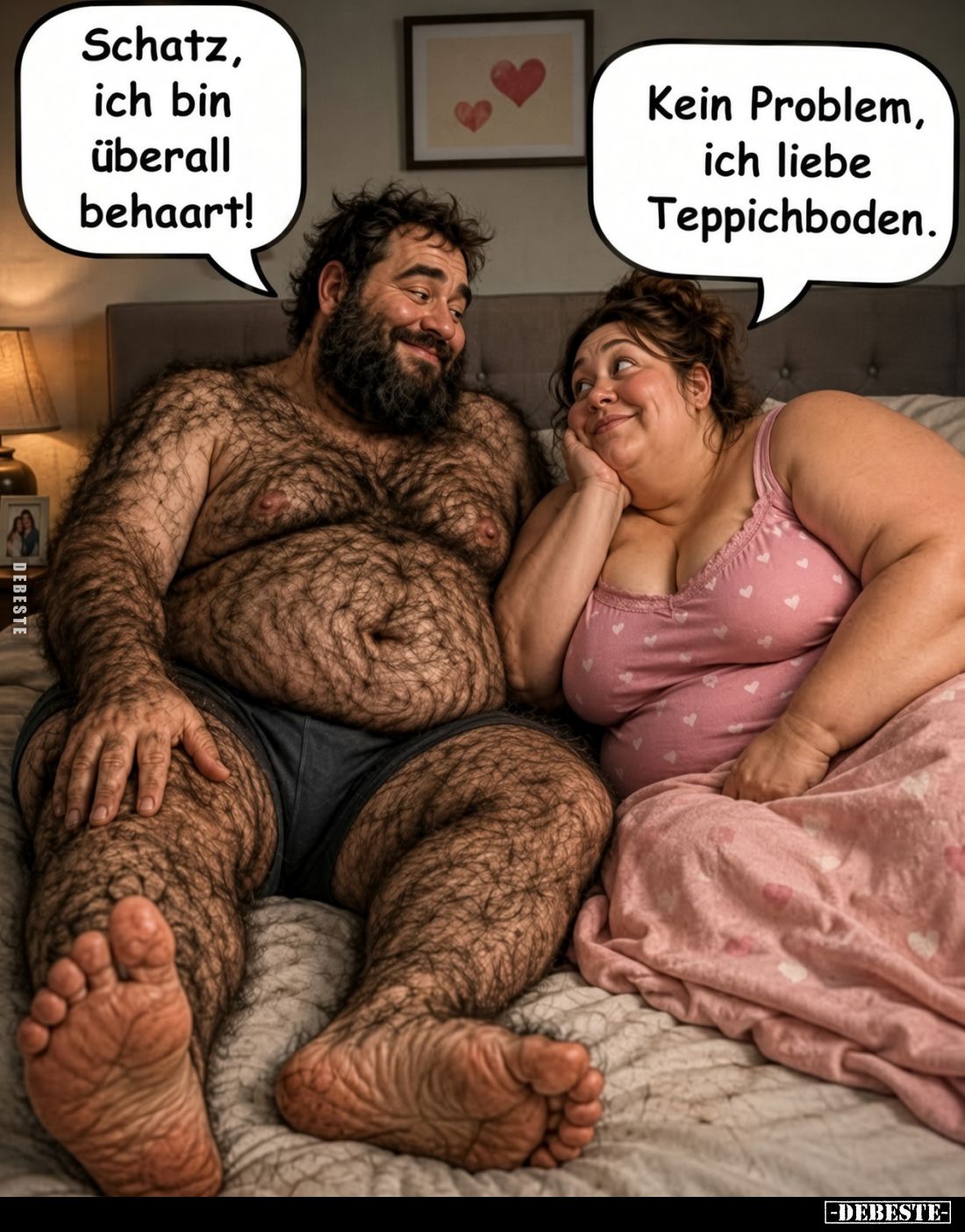 Schatz, ich bin überall behaart!
-
Kein Problem, ich liebe Teppichboden.