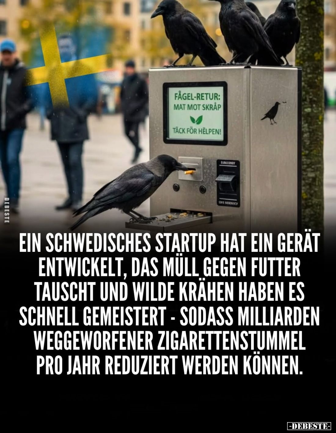 Ein schwedisches Startup hat ein Gerät entwickelt, das Müll gegen Futter tauscht und wilde Krähen haben es schnell gemeistert...
