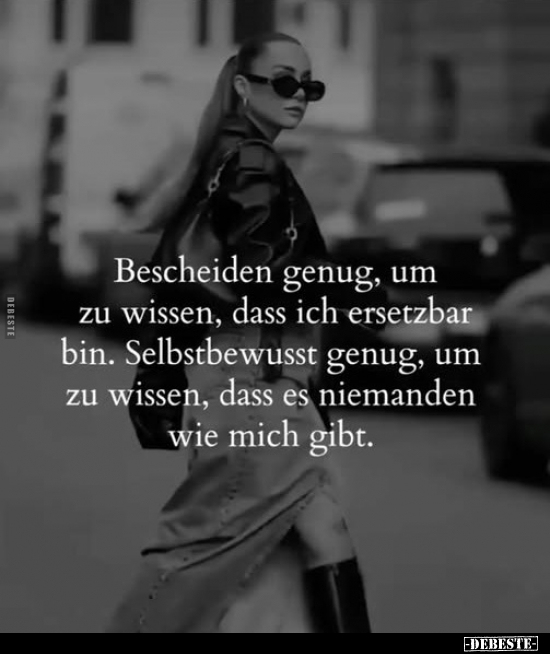 Bescheiden genug, um zu wissen, dass ich ersetzbar bin. Selbstbewusst genug, um zu wissen, dass es niemanden wie mich gibt.
