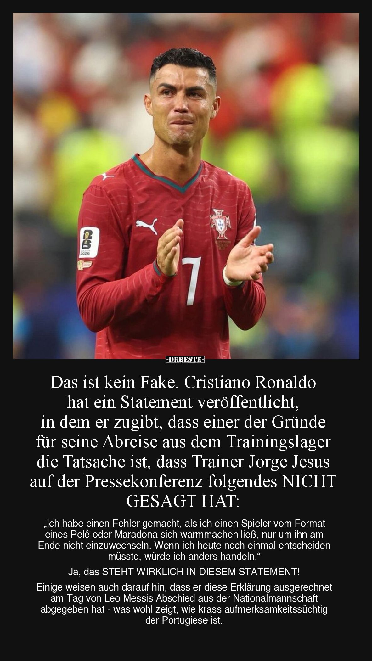 Das ist kein Fake. Cristiano Ronaldo hat ein Statement veröffentlicht, in dem er zugibt, dass einer der Gründe für seine Abre...