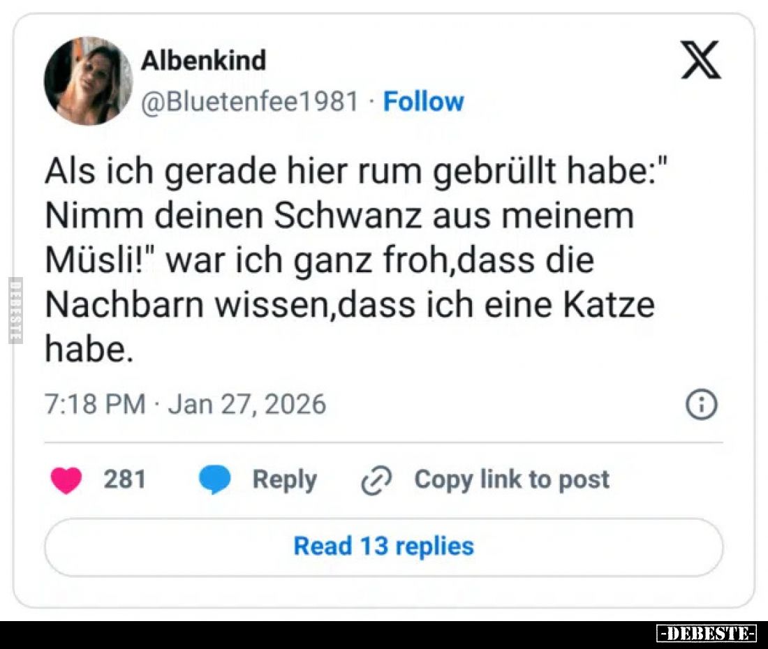 Als ich gerade hier rum gebrüllt habe:" Nimm deinen Schwanz aus meinem Müsli!" war ich ganz froh, dass die Nachbarn...