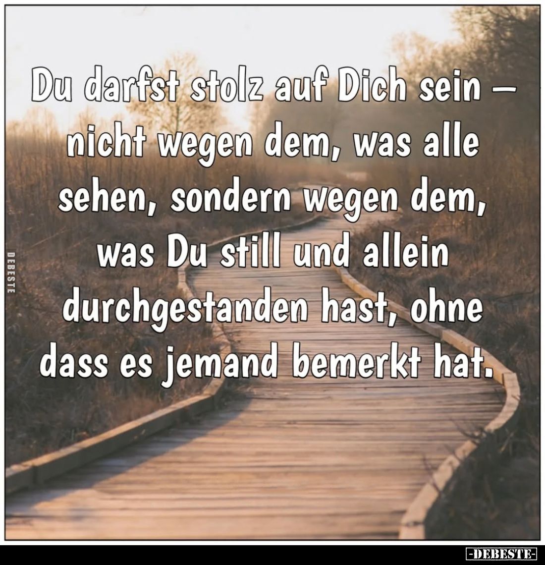 Du darfst stolz auf Dich sein nicht wegen dem, was alle sehen, sondern wegen dem, was Du still und allein durchgestanden hast...