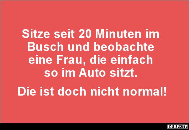 Sitze seit 20 Minuten im 
Busch und beobachte 
eine Frau, die einfach 
so im Auto sitzt. 


Die ist doch nicht normal!...