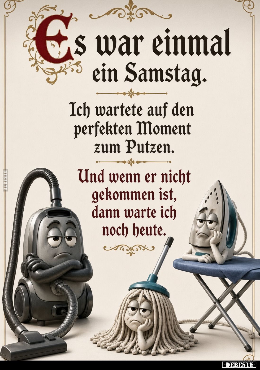 Es war einmal ein Samstag.
Ich wartete auf den perfekten Moment zum Putzen.
Und wenn er nicht gekommen ist, dann warte ich ...