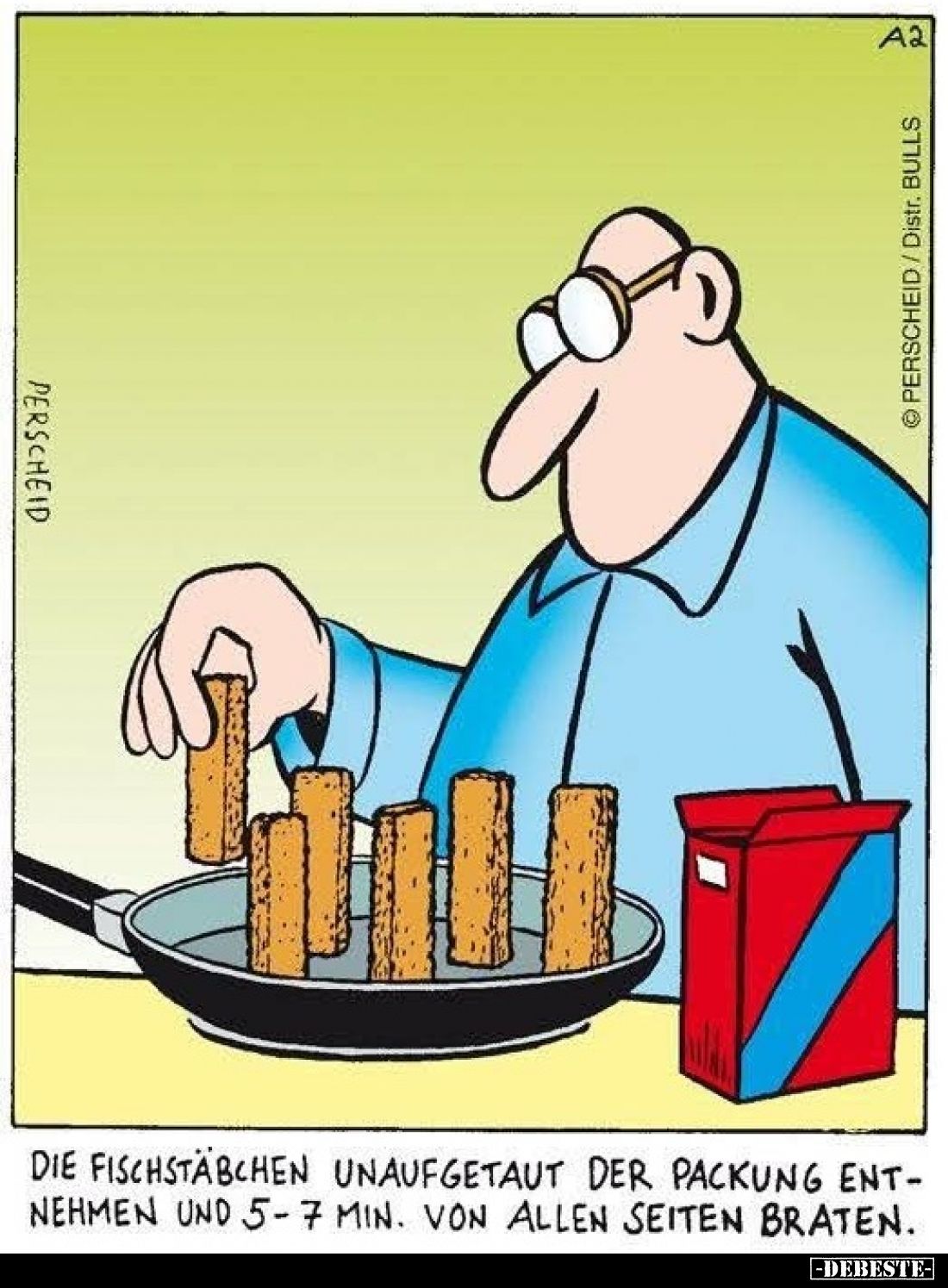 Die Fischstäbchen unaufgetaut der Packung entnehmen und 5-7 min. von allen Seiten braten.