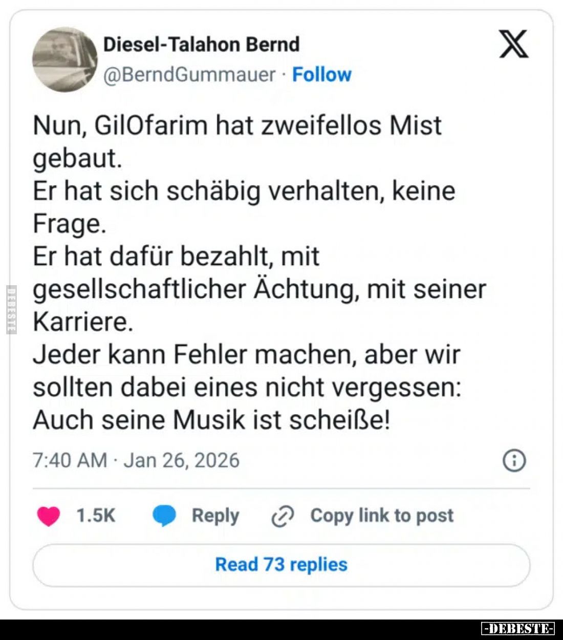 Nun, GilOfarim hat zweifellos Mist gebaut.
Er hat sich schäbig verhalten, keine Frage. Er hat dafür bezahlt, mit gesellschaf...