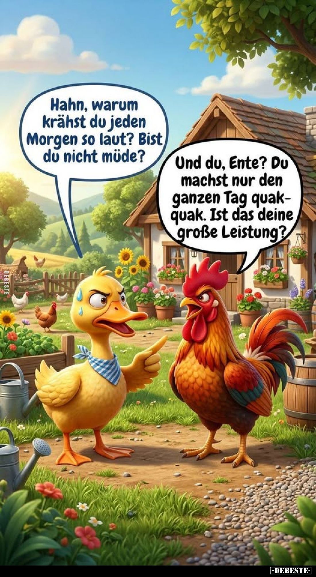 Hahn, warum krähst du jeden Morgen so laut? Bist du nicht müde?
-
Und du, Ente? Du machst nur den ganzen Tag quak-quak. Ist...