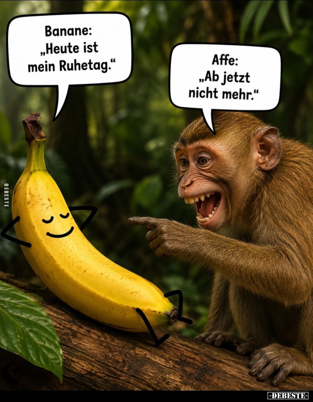 Banane: "Heute ist mein Ruhetag." -
Affe: "Ab jetzt nicht mehr."