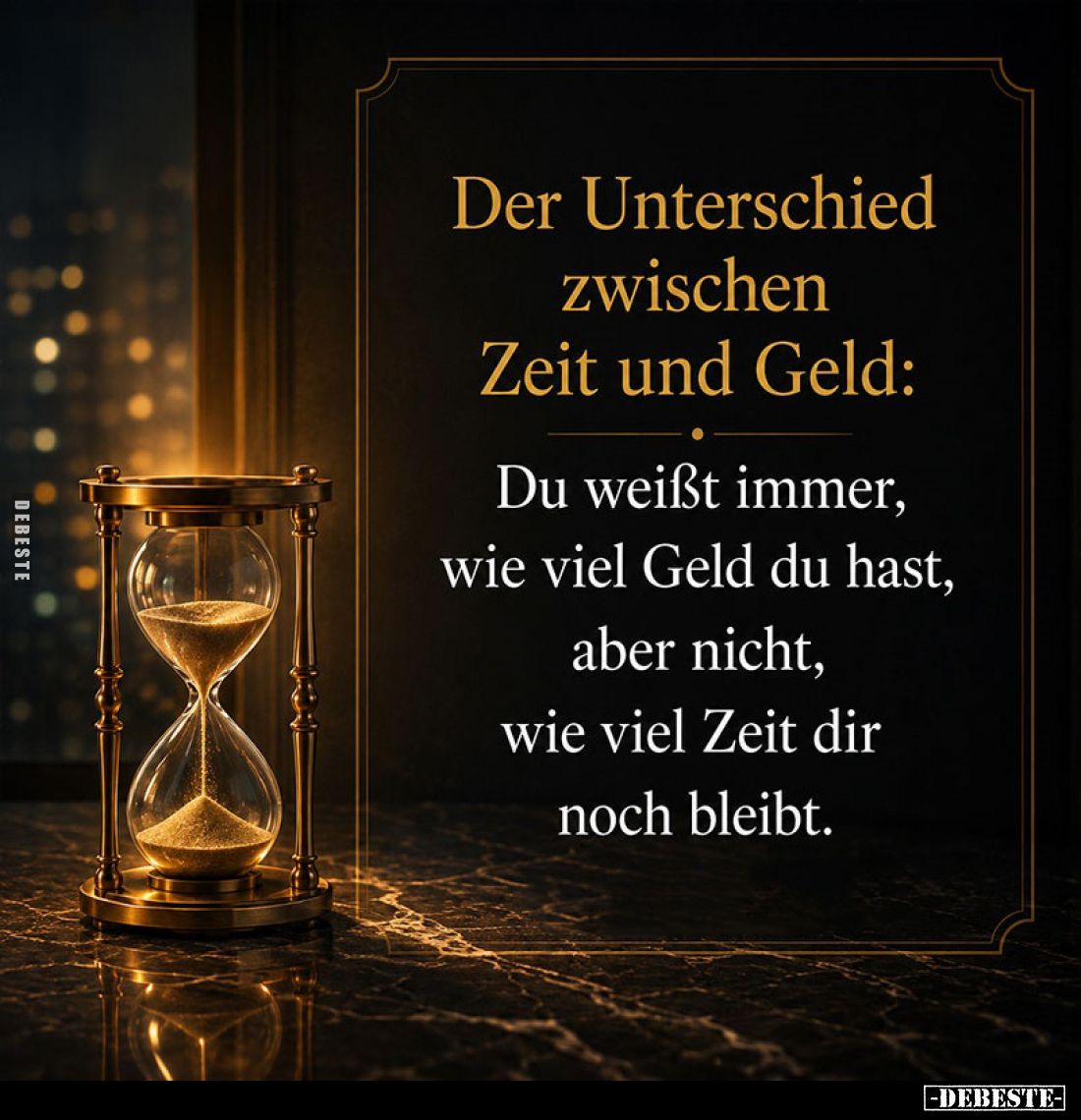 Der Unterschied zwischen Zeit und Geld:
Du weißt immer, wie viel Geld du hast, aber nicht, wie viel Zeit dir noch bleibt.