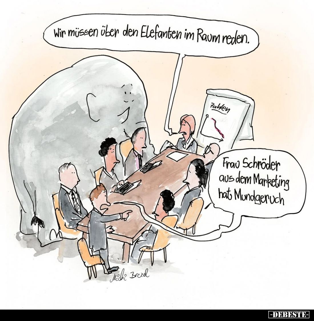 Wir müssen über den Elefanten im Raum reden.
-
Frau Schröder aus dem Marketing hat Mundgeruch