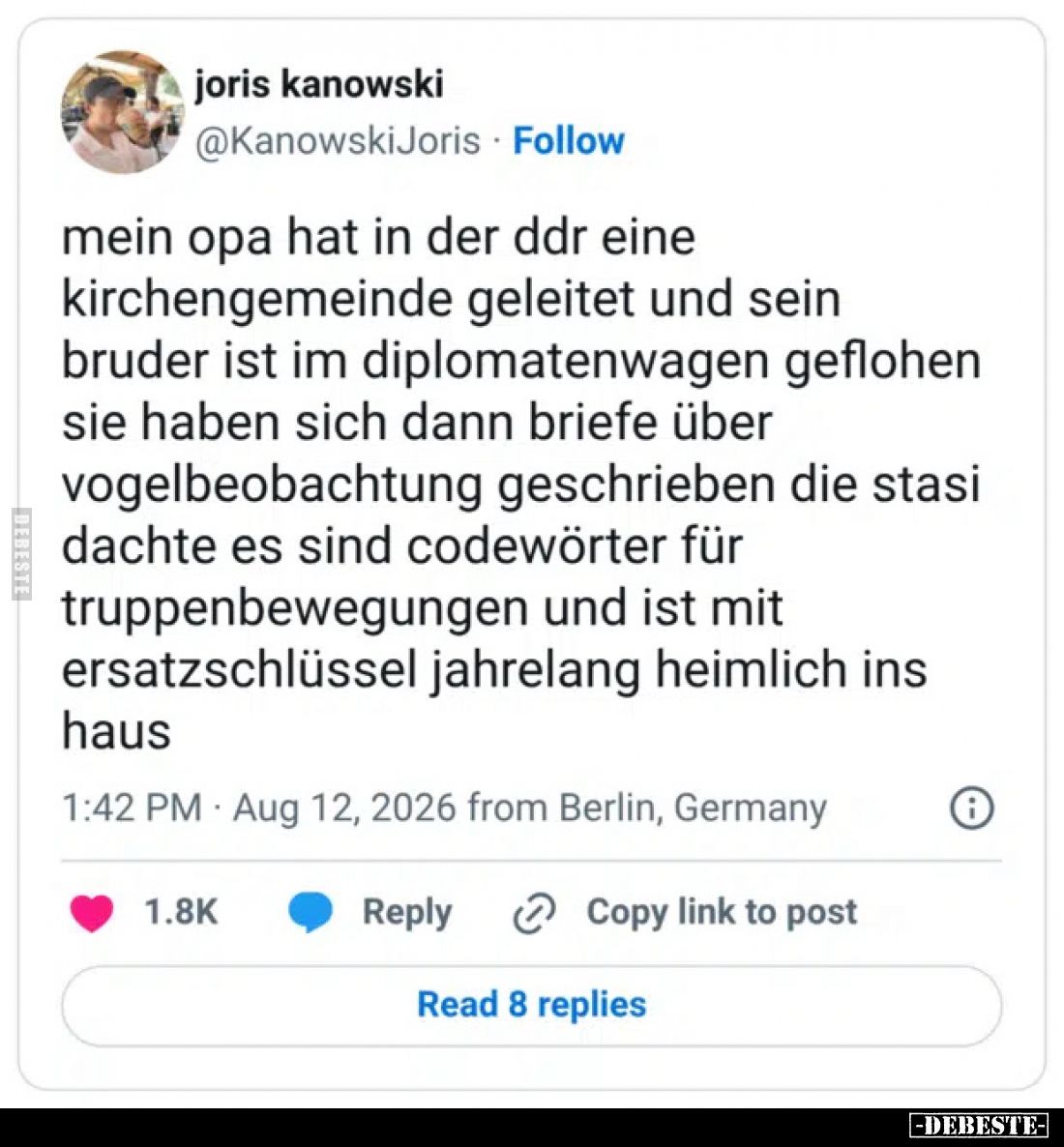 Mein Opa hat in der DDR eine Kirchengemeinde geleitet und sein Bruder ist im Diplomatenwagen geflohen
Sie haben sich dann Br...